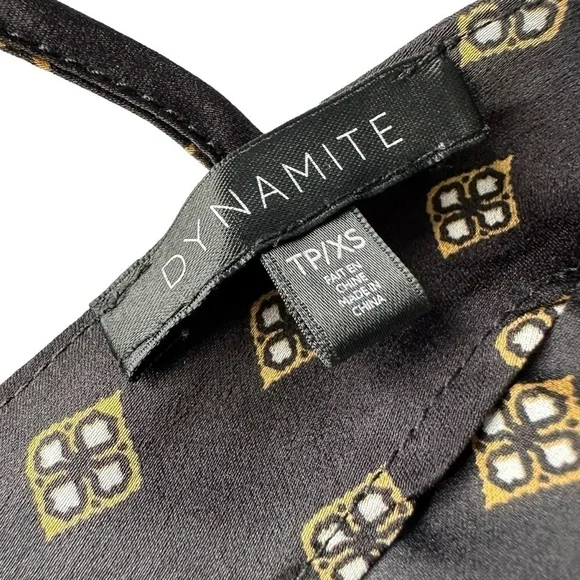 DYNAMITE V-NECK SHORT SLEEVE SATIN TOP IN BLACK WITH GOLD DETAILS  SIZE XS - Picture 10 of 11